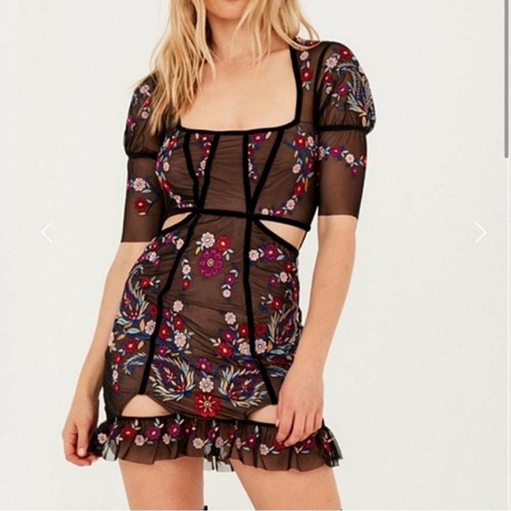 For Love & Lemons Floral Embroidered Black Dress